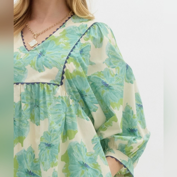 Anthropologie Entro Green White Floral Babydoll Dress Sz M Coastal Cowgirl Chic - Picture 5 of 15